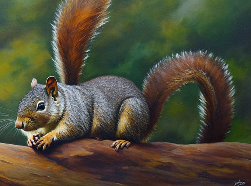 Realistic painting of squirrel on tree branch with bushy tail