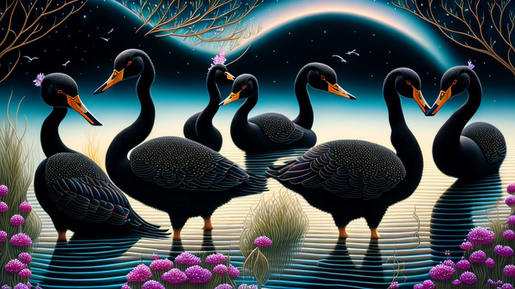 Stylized image of five black swans on blue night scape with pink flowers, green foliage,