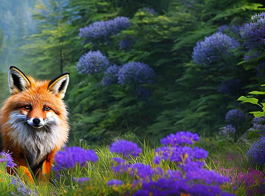 Red fox in purple flowers with misty forest backdrop