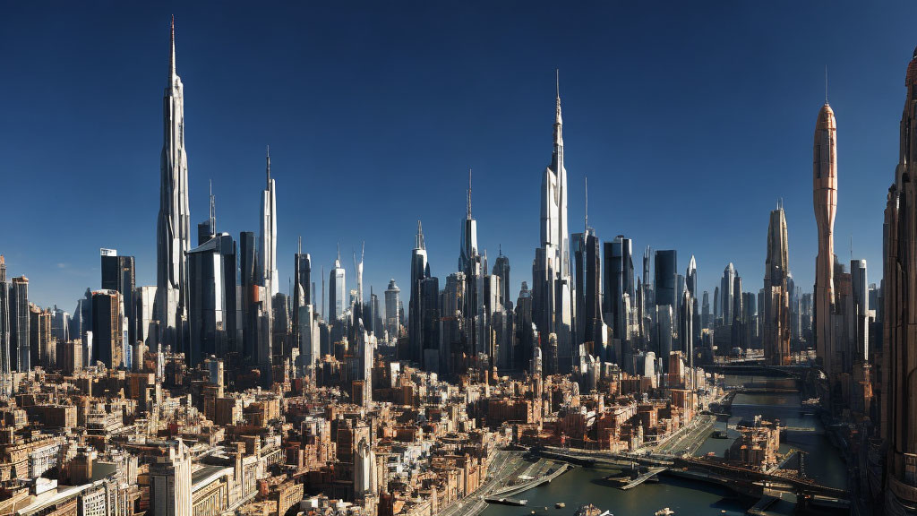 Modern city skyline with towering skyscrapers and river bridges