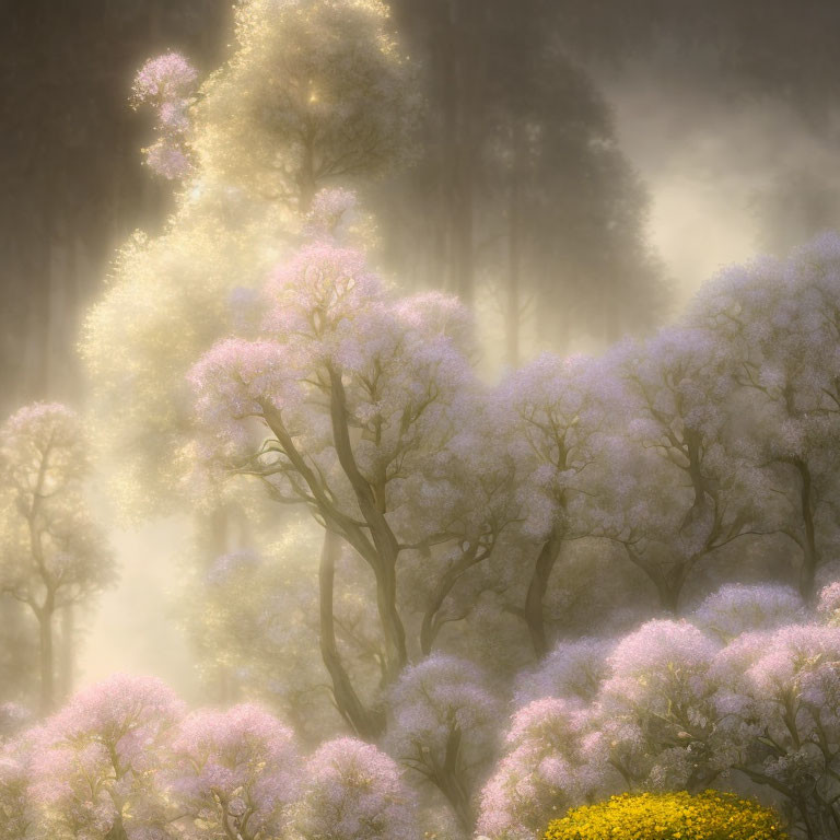 Sunlight illuminating misty forest with pink blossoms