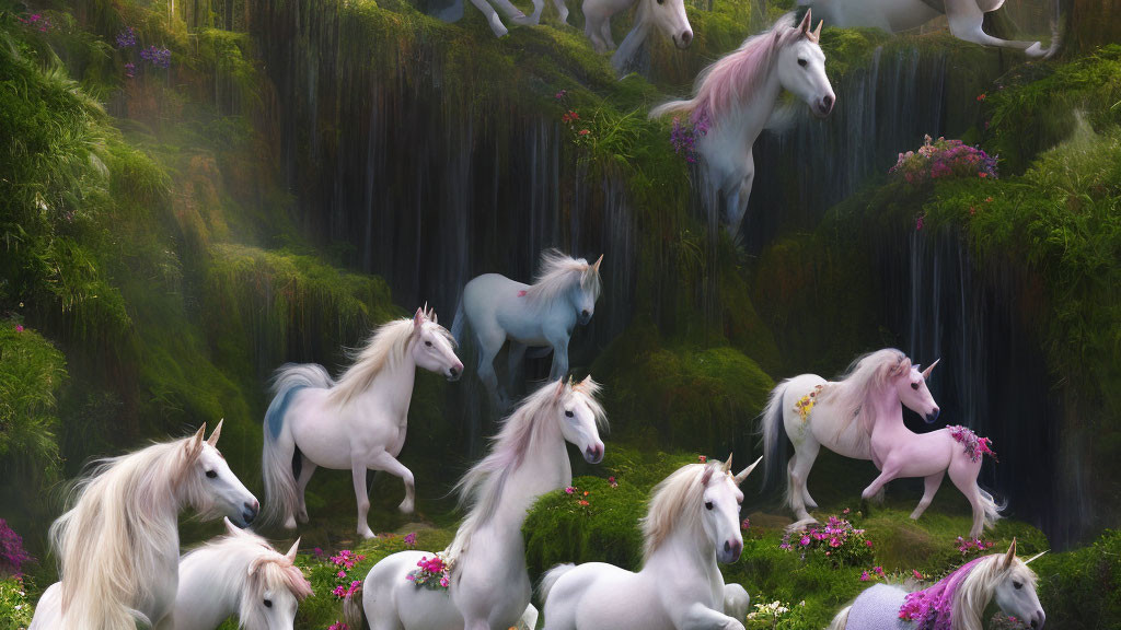 White Unicorns in Mystical Fantasy Landscape