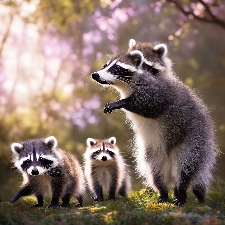 Three Raccoons in Natural Setting Surrounded by Pink and Purple Flora