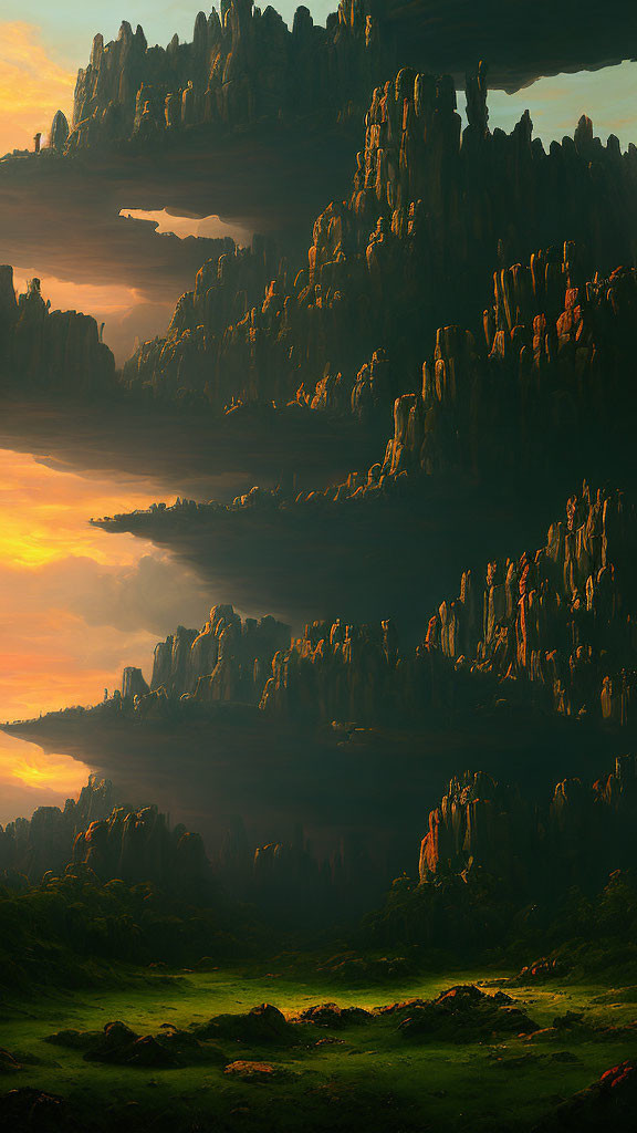 Majestic rock formations in glowing sunset over green valley