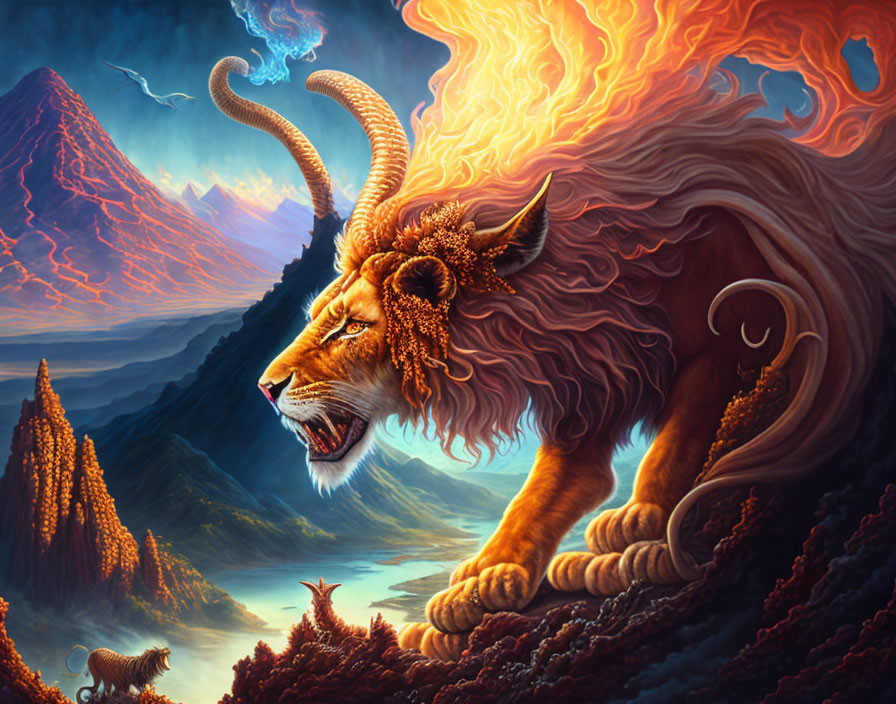 Majestic lion with fiery mane and ram-like horns in volcanic landscape