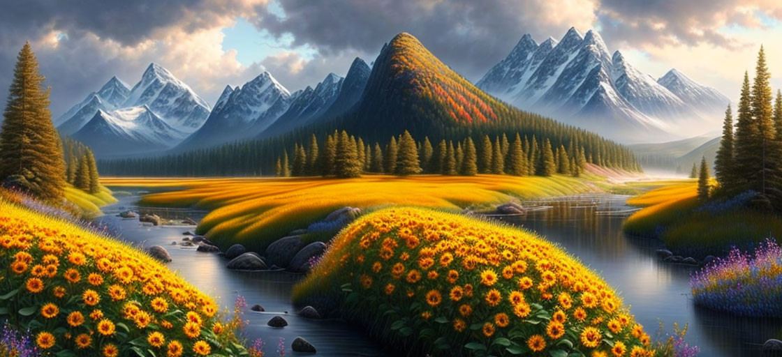 Tranquil landscape with wildflowers, river, and snow-capped mountains