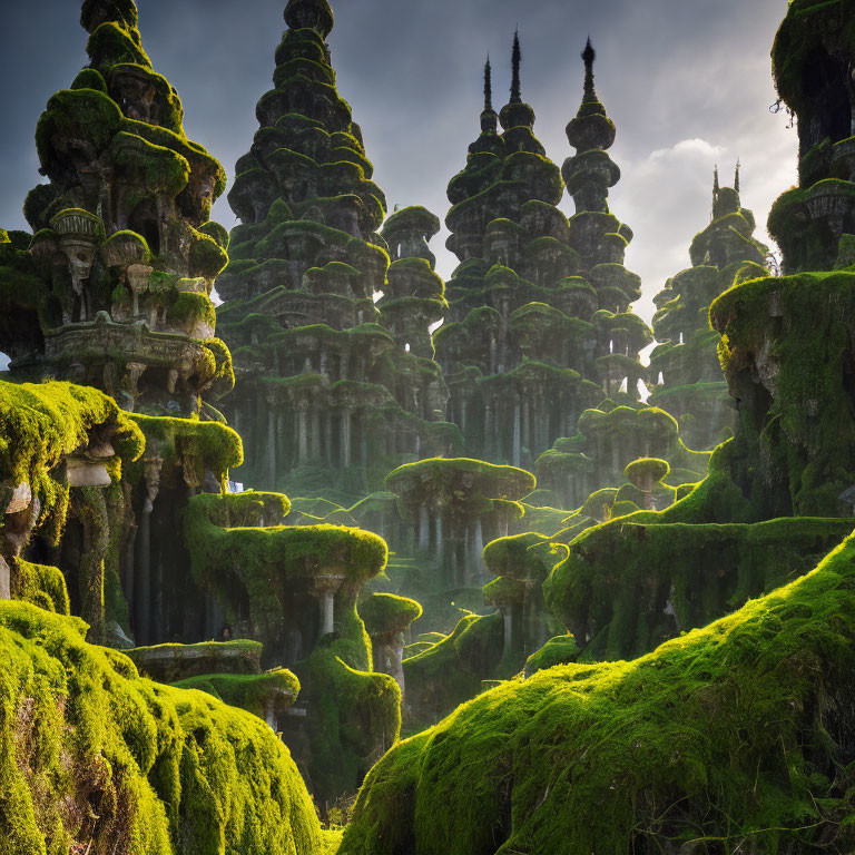 Moss-covered stone structures in misty landscape with vibrant greenery