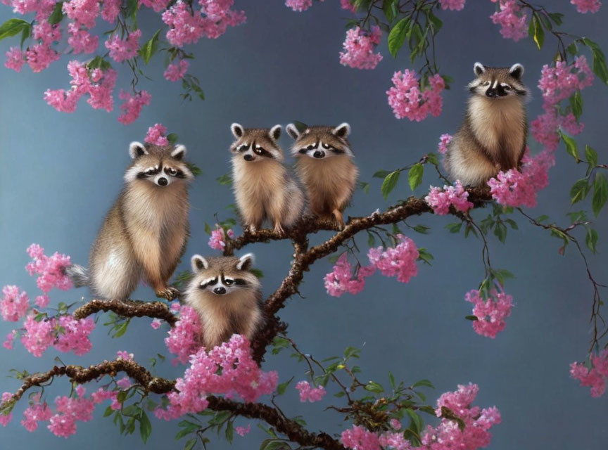 Four raccoons on tree branch with pink blossoms on blue background