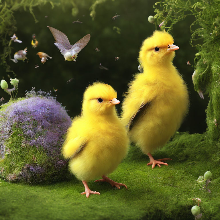 Fluffy yellow chicks in nature with flying bird and insects