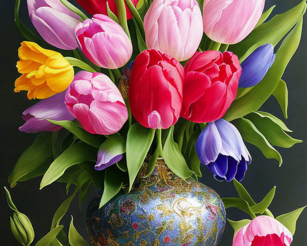 Multicolored tulips in blue and gold vase on dark background