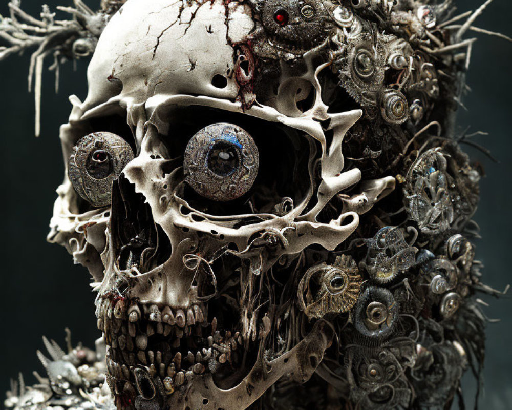 Surreal textured skull with eerie eyes, mechanical parts, and organic form on dark background