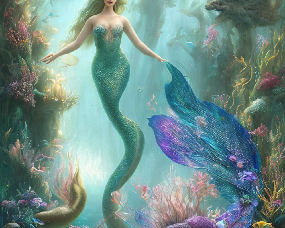 Shimmering green-tailed mermaid among marine life and mystical creature