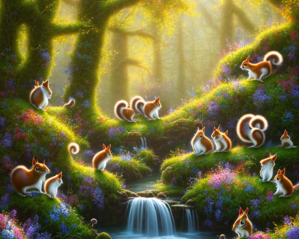 Enchanting forest scene with sunlight, squirrels, flowers, waterfall, and brook