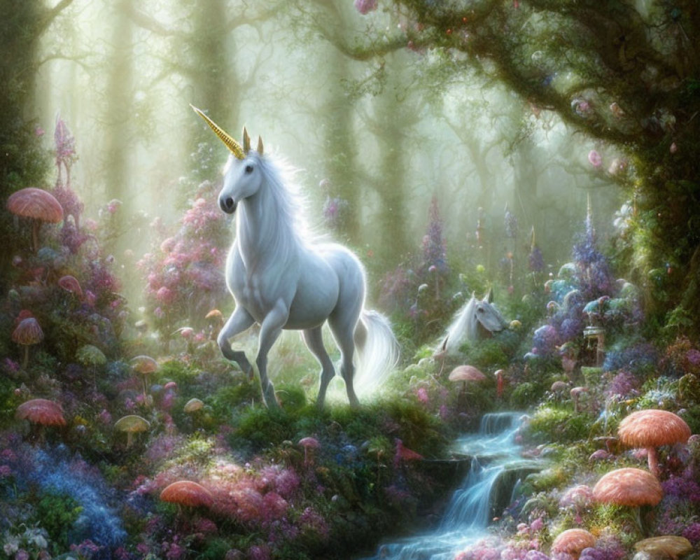 Majestic white unicorns in magical forest with colorful flowers