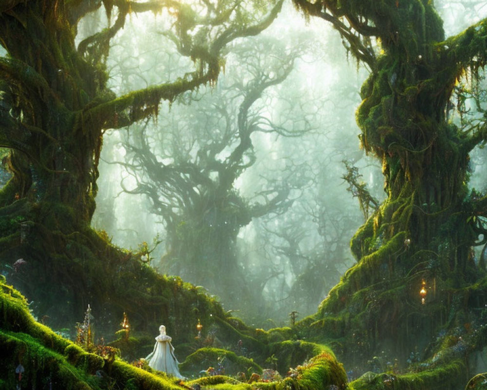 Mystical forest with moss-covered trees and woman in white dress.