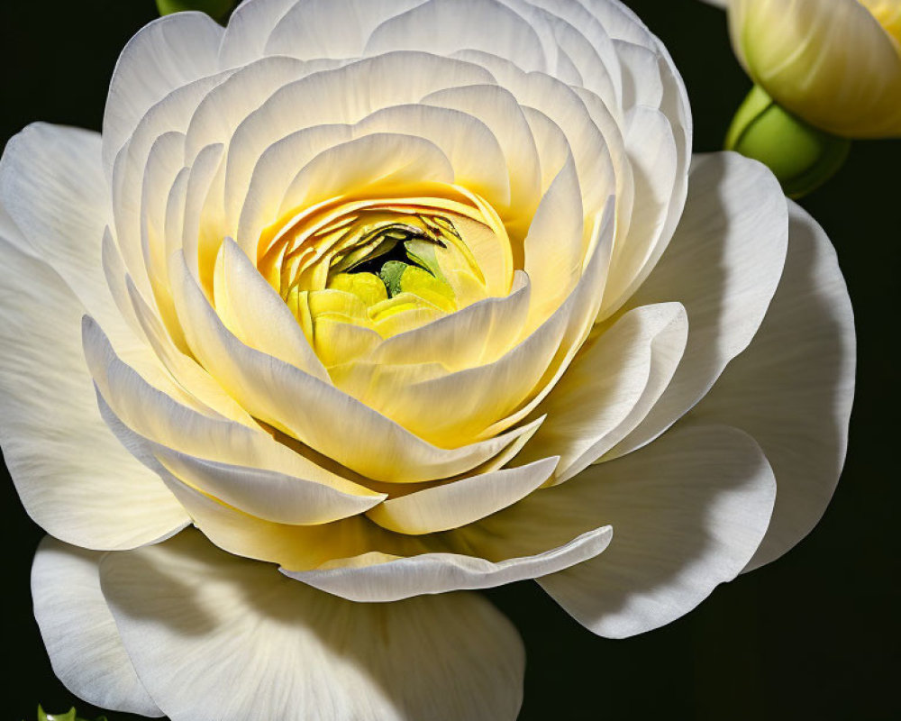 Close-up of Pristine White Ranunculus Flower on Dark Background