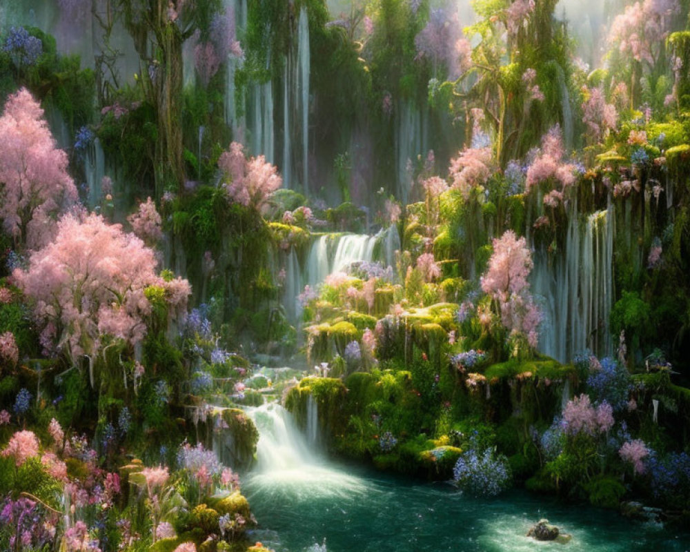 Tranquil landscape with waterfalls, lush vegetation, and soft light