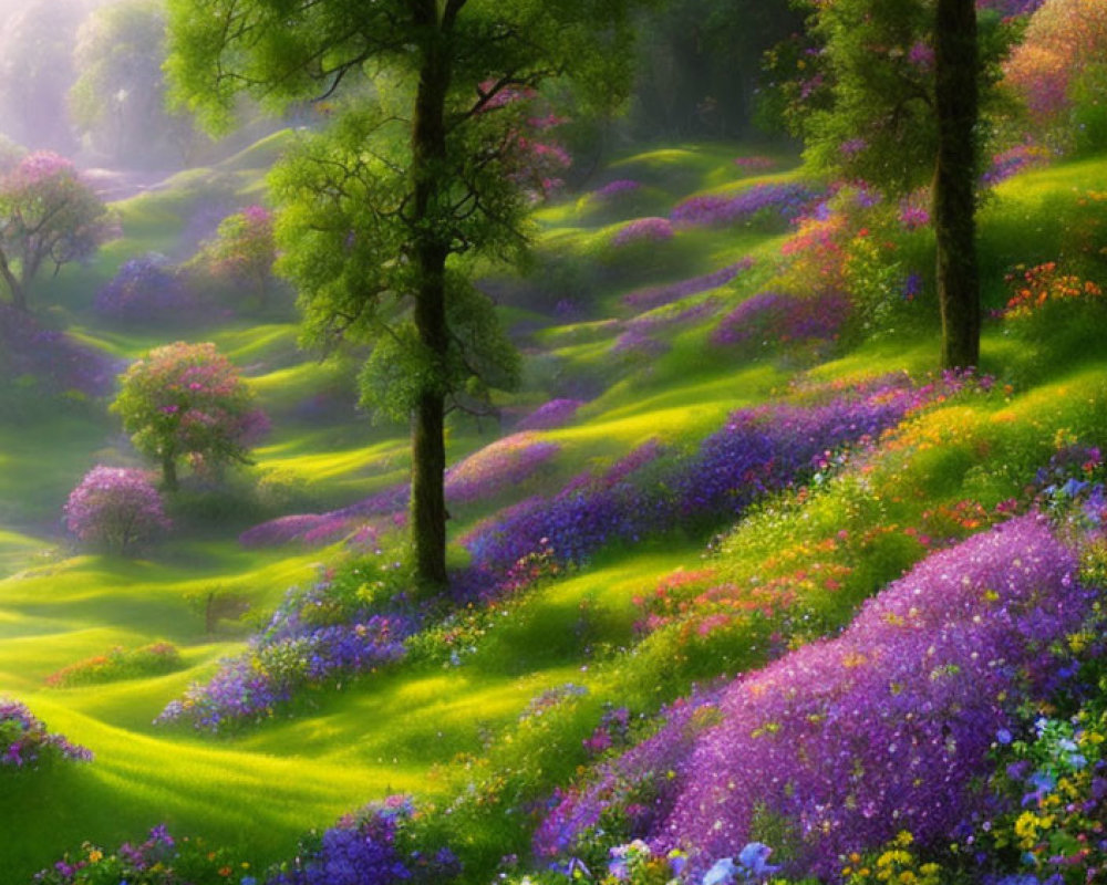 Colorful Wildflower Landscape with Misty Sky