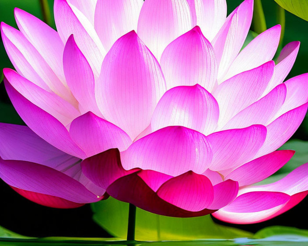 Vibrant pink lotus flower above green lily pads in clear water