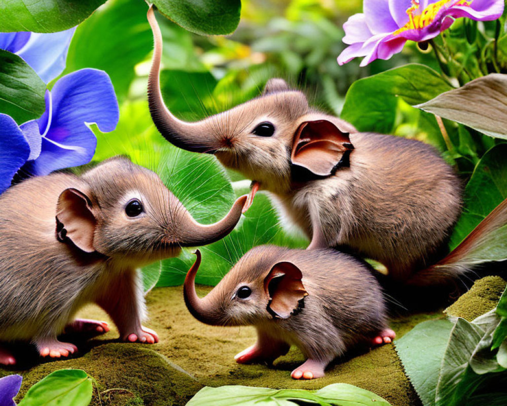 Colorful Cartoon Mice with Elephant Trunks in Lush Nature