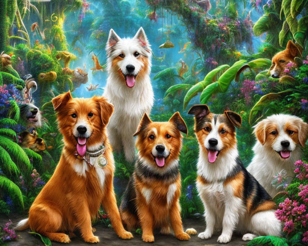 Five Dogs Sitting in Vibrant Forest with Floating Islands