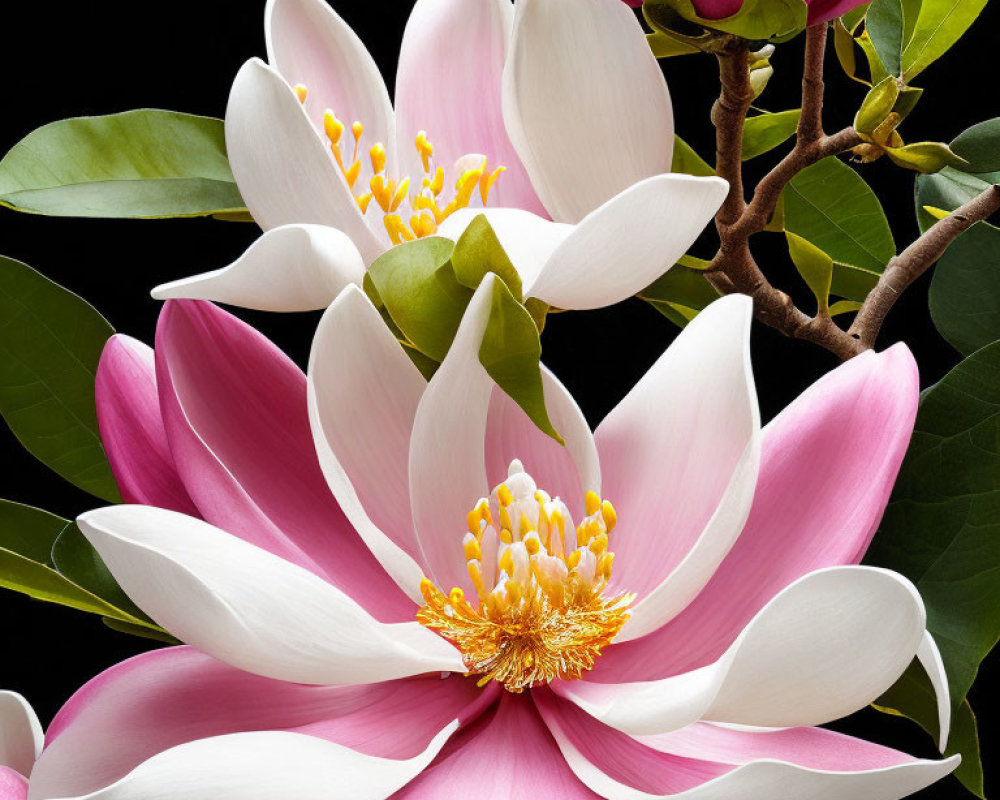 Detailed View of Pink and White Magnolia Blossoms on Black Background