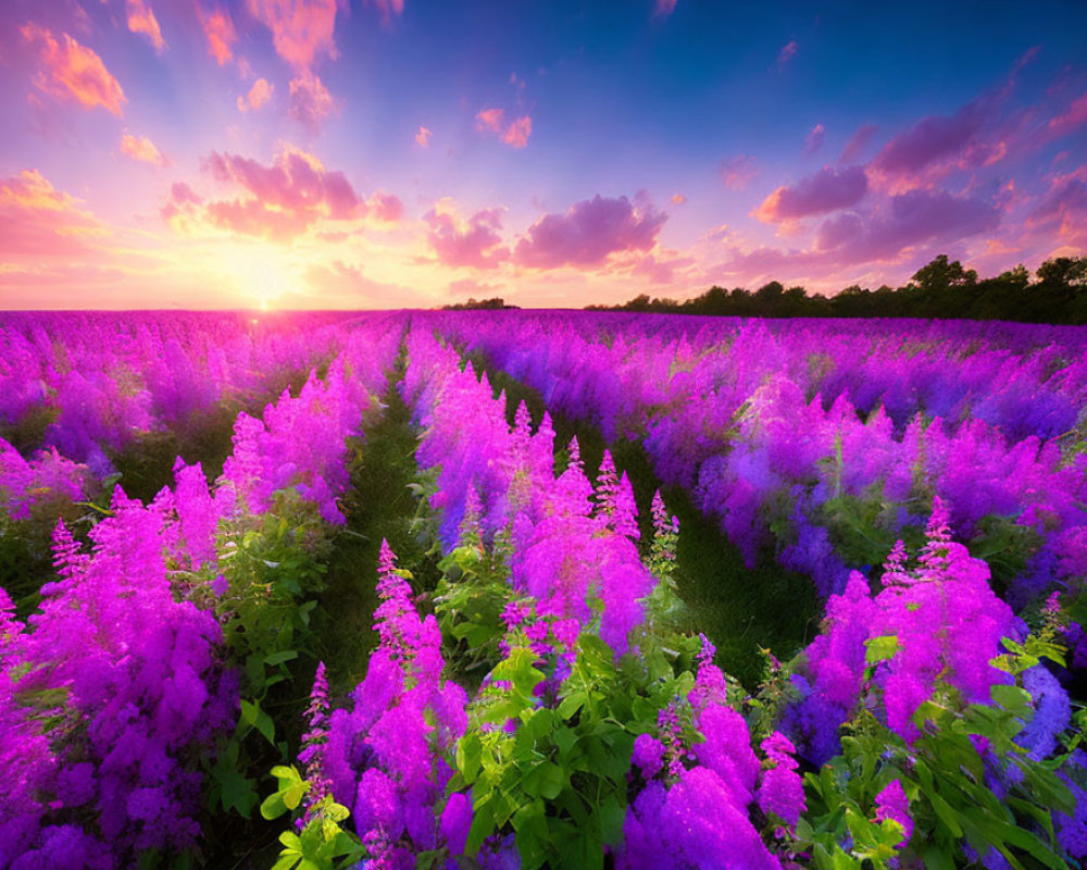 Vibrant purple flowers under a sunset sky with scattered clouds