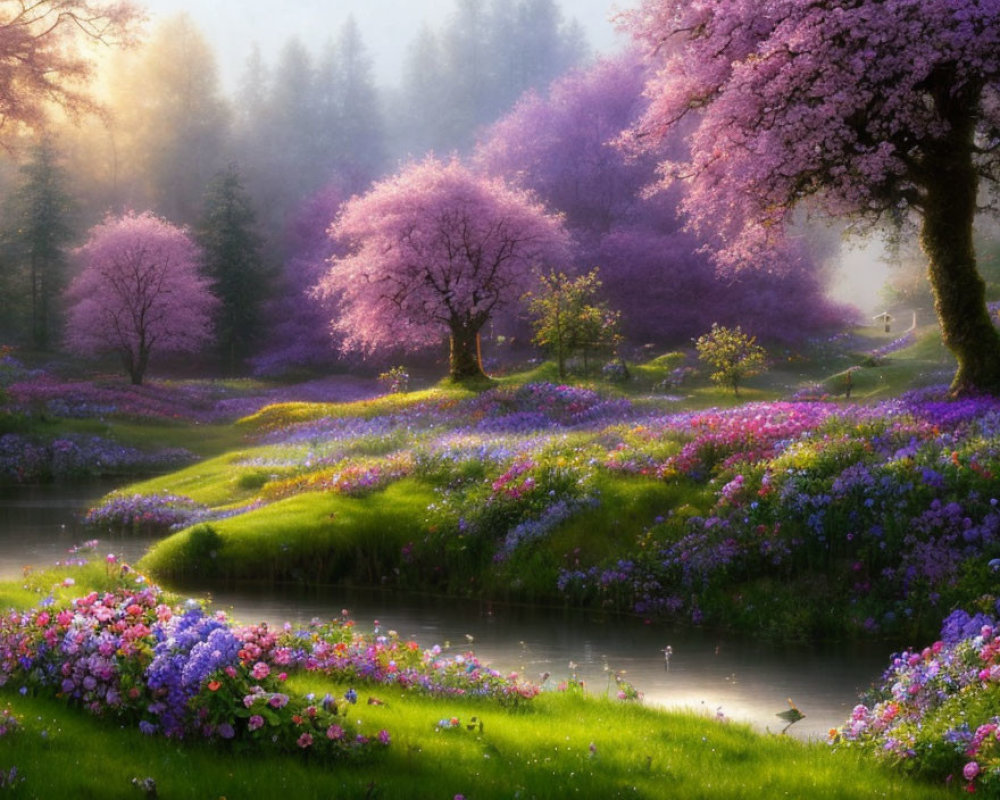 Tranquil landscape with pink and purple flowering trees, lush green hills, blossoms, and serene