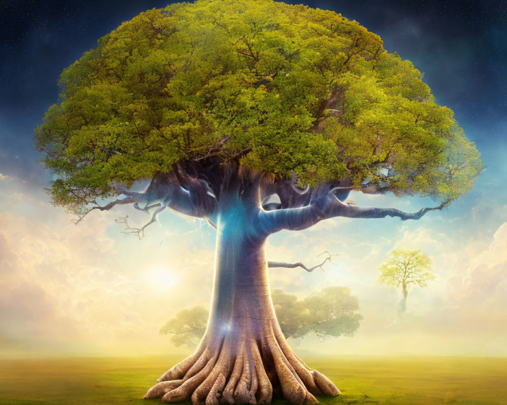 Majestic tree with thick trunk and lush green canopy in serene meadow at sunrise or sunset