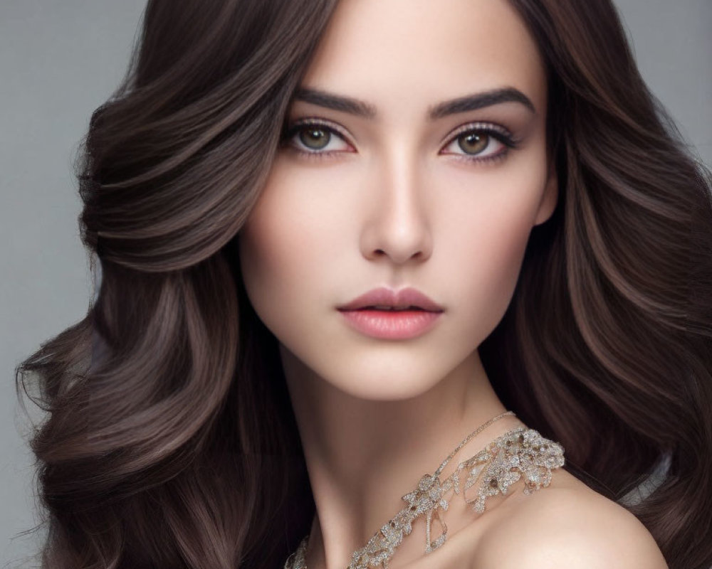 Woman with Voluminous Wavy Brown Hair and Striking Hazel Eyes in Elegant Attire