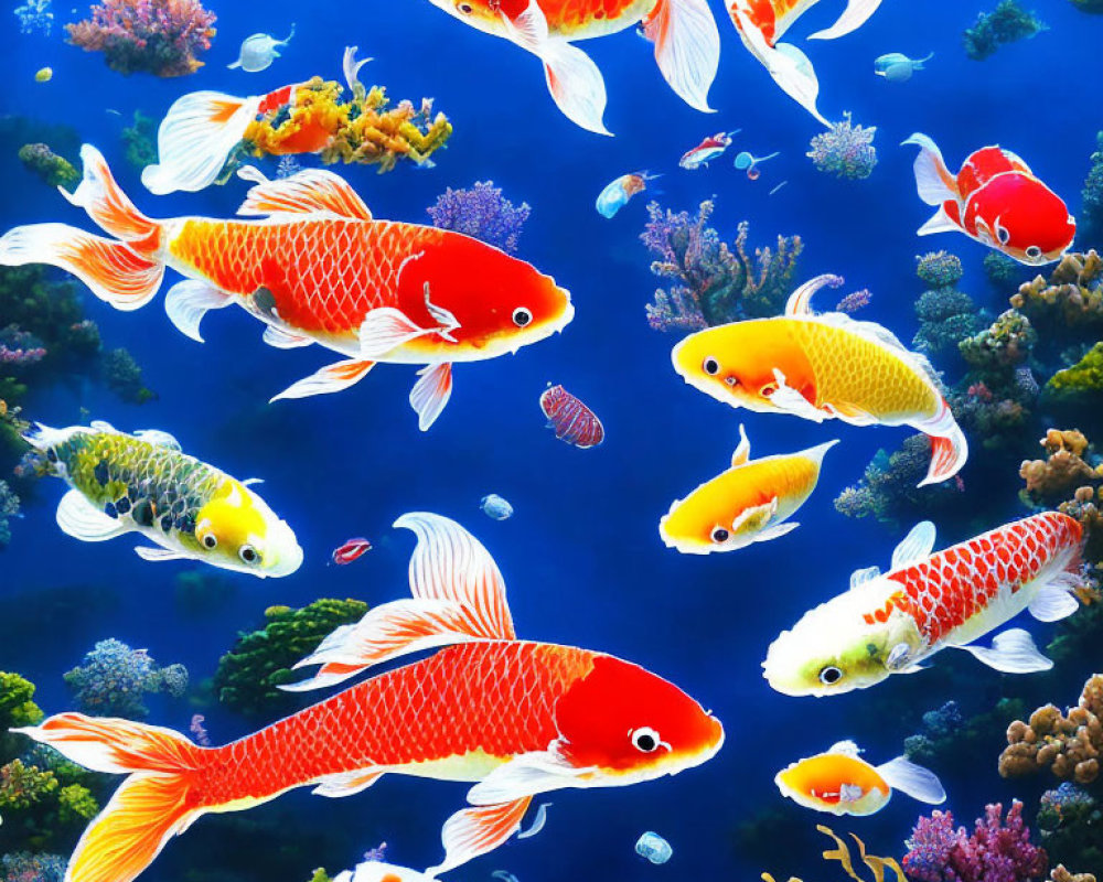 Colorful koi fish swimming in coral reefs with orange, white, and yellow patterns