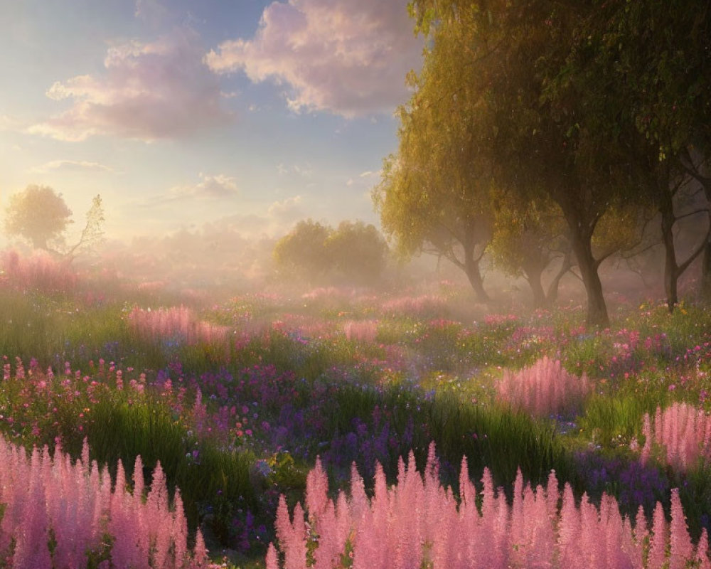 Tranquil sunrise meadow with purple wildflowers and misty trees