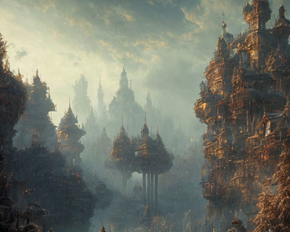 Ancient city with towering spires in foggy forest at dawn or dusk