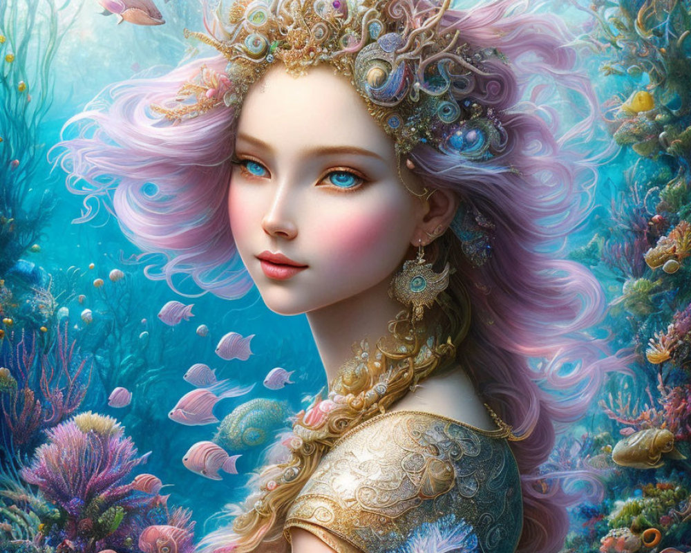 Fantasy portrait: Woman with pastel hair and golden jewelry in underwater scene