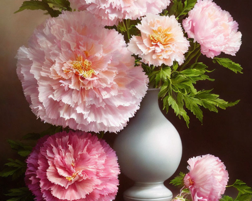 Pink peonies in white vase on dark background