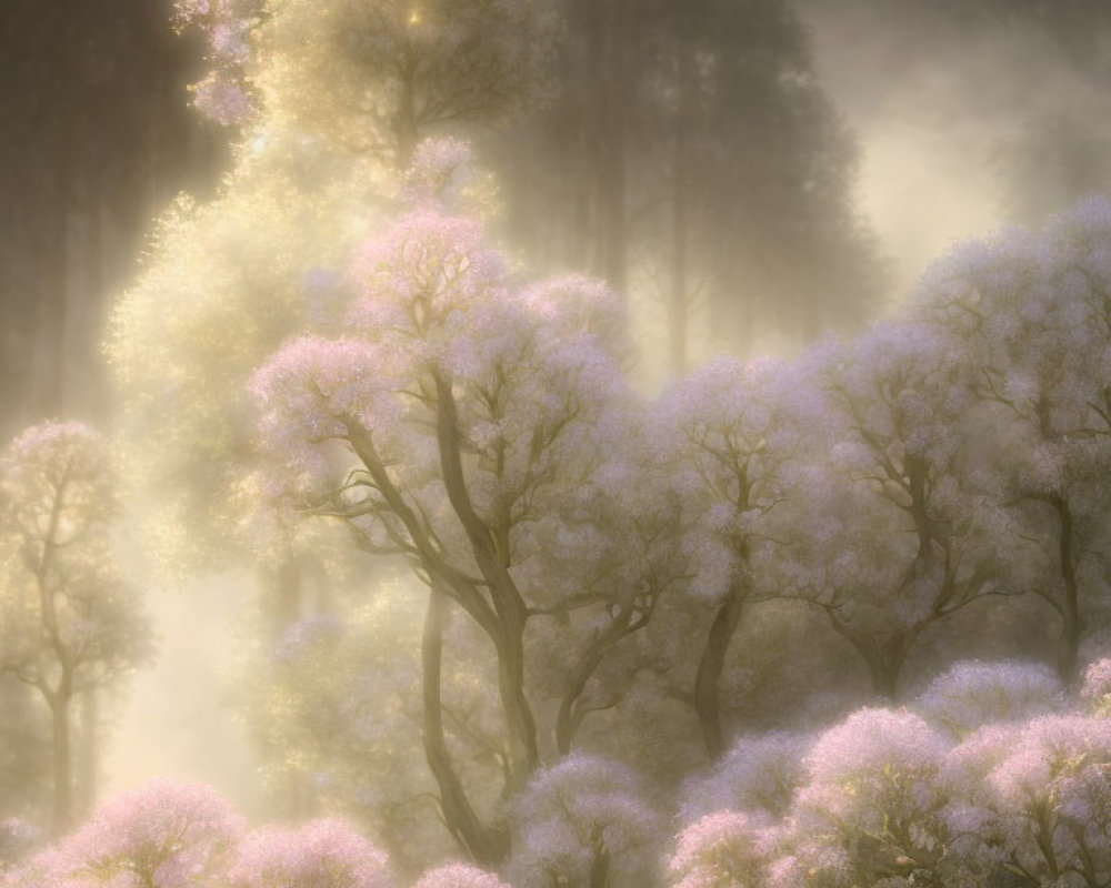 Sunlight illuminating misty forest with pink blossoms