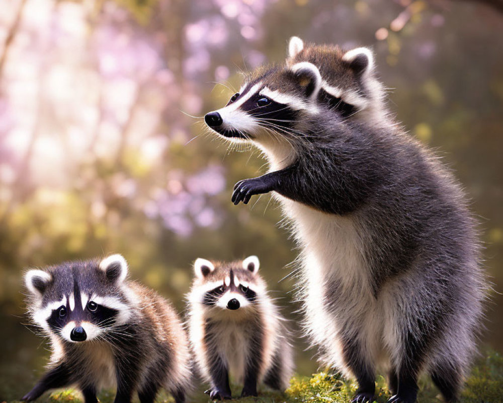 Three Raccoons in Natural Setting Surrounded by Pink and Purple Flora