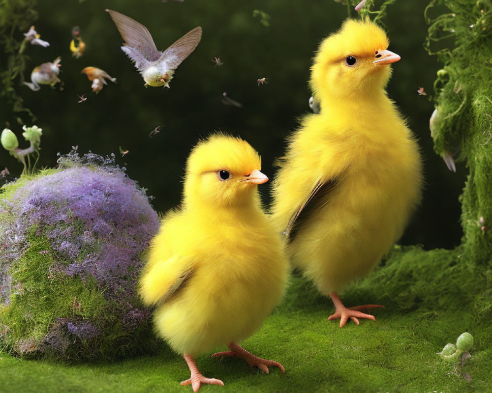 Fluffy yellow chicks in nature with flying bird and insects