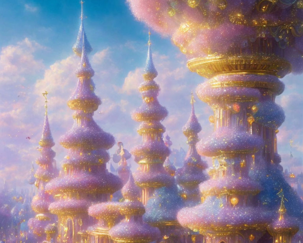 Fantastical Pink Castle with Spire Towers and Flying Character