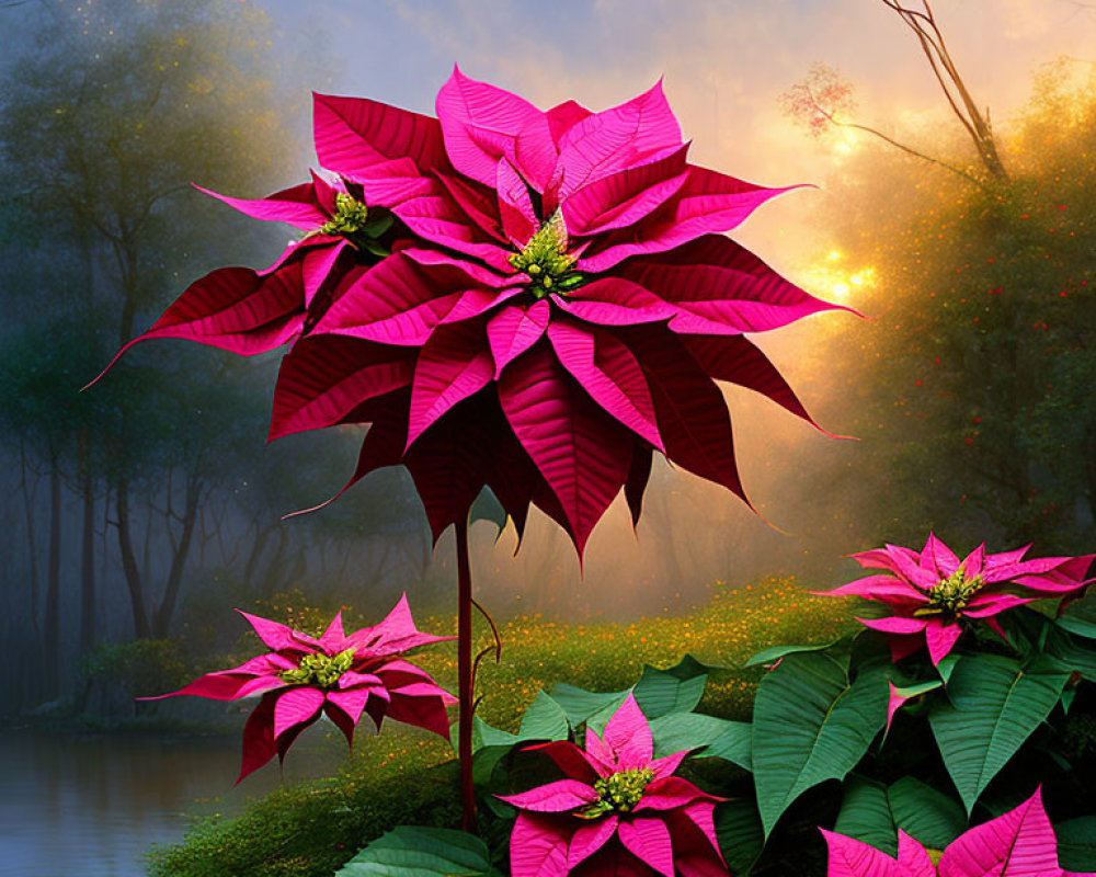 Pink Poinsettias Bloom by Tranquil River with Misty Forest Backdrop