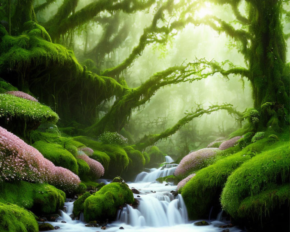 Sunlit forest scene with misty canopy, moss-covered trees, and flowing stream