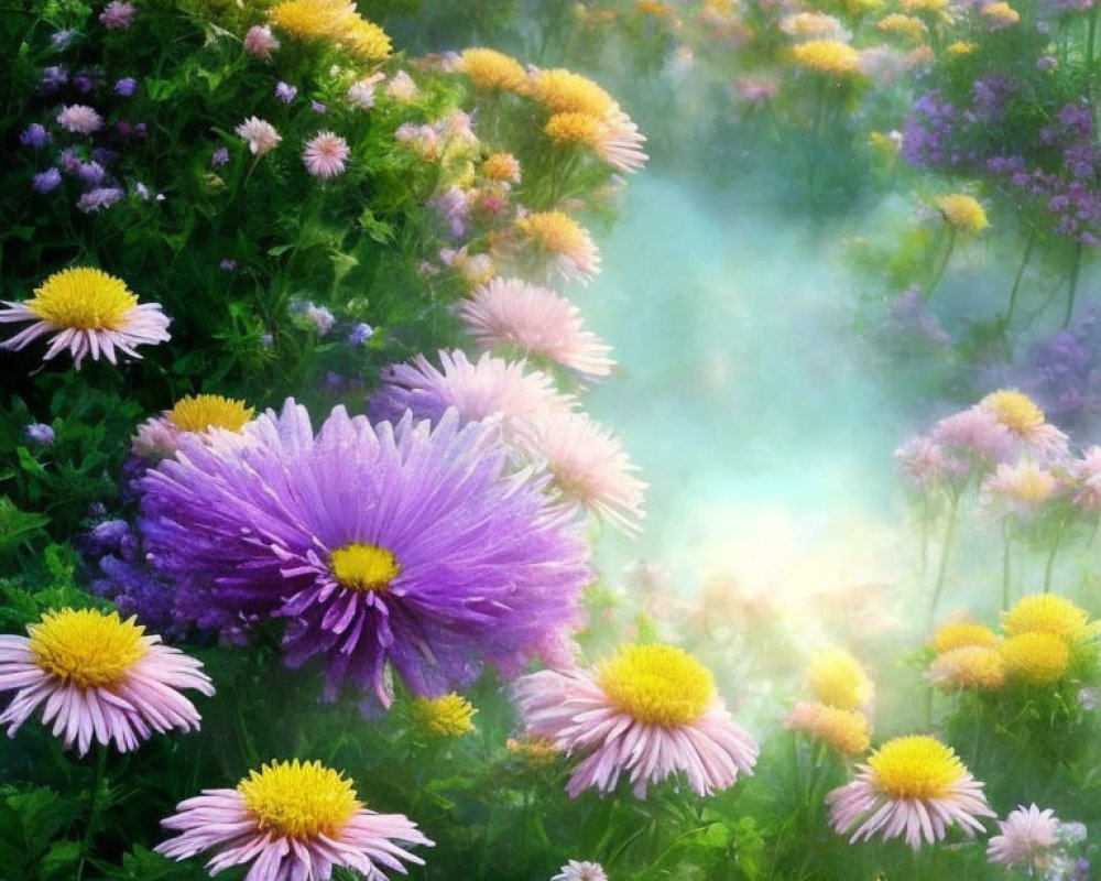 Purple and Yellow Flowers in Misty Field