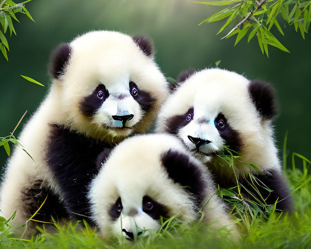 Three panda cubs in lush greenery with sunlight filtering through leaves