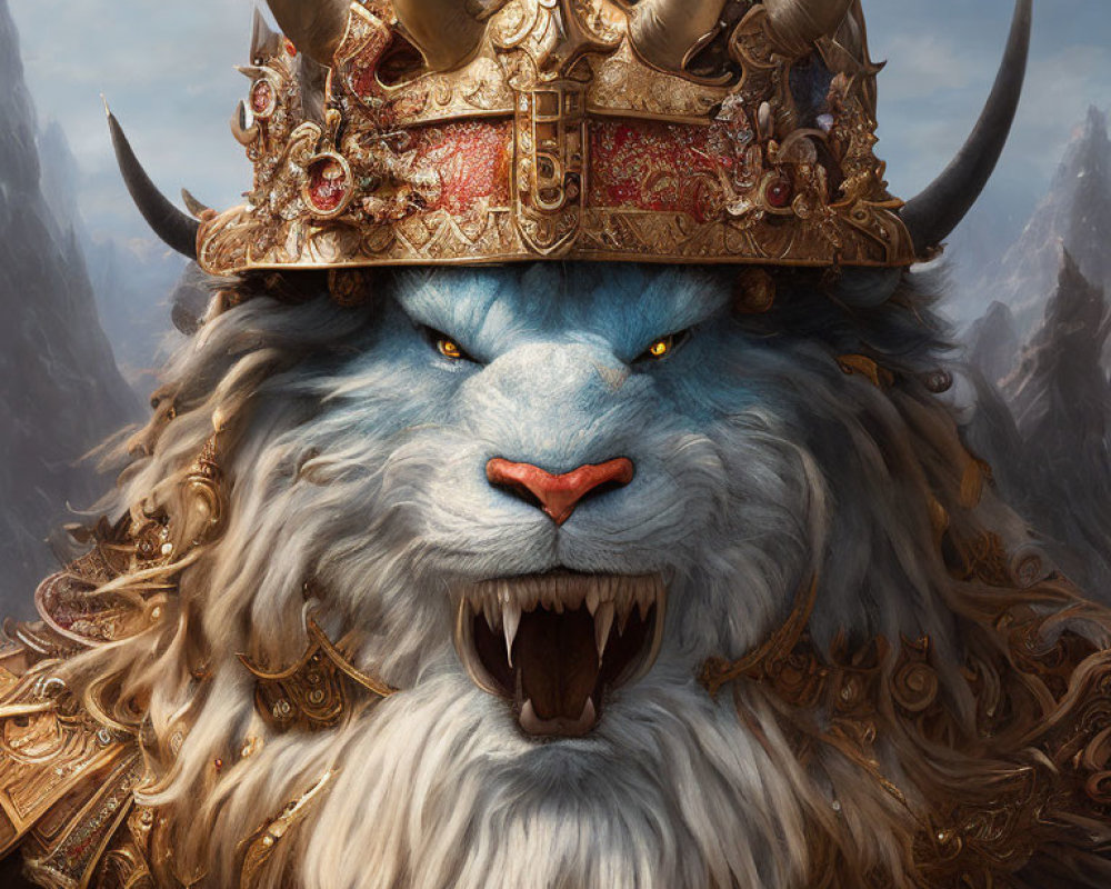 Blue anthropomorphic lion with golden crown and armor roaring against mountainous backdrop