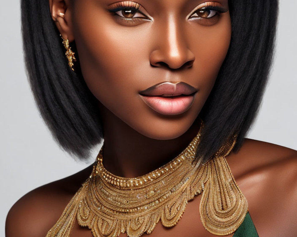 Woman with Black Hair, Gold Jewelry, and Green Garment