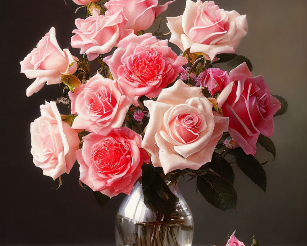 Pink Roses Bouquet in Clear Glass Vase on Neutral Background