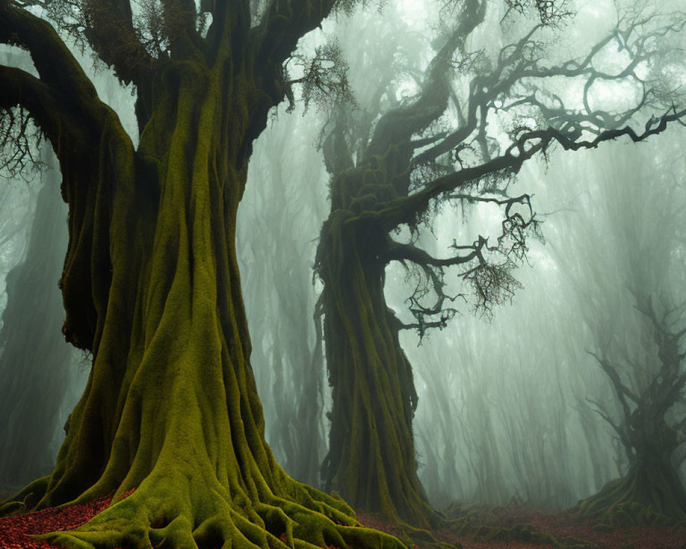 Ancient tree with moss-covered trunk in misty forest landscape