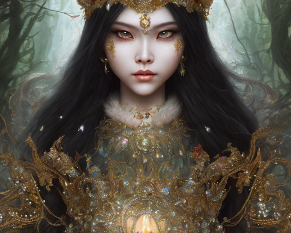 Mystical figure with pale skin and black hair in ornate crown against ethereal forest.