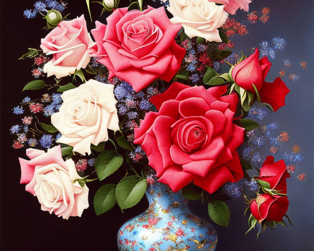 Colorful roses and blue flowers in vase on dark background with scattered petals.