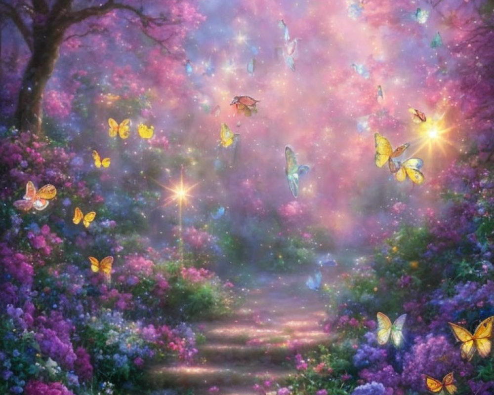 Enchanting pathway with colorful blossoms and butterflies